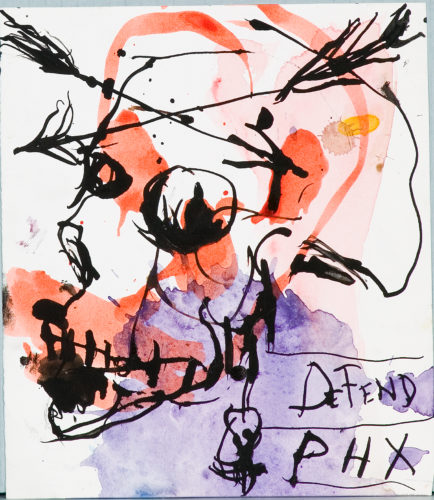 Brad Kahlhamer, Skull (Defend PHX), 2004. Pen, ink, watercolor on paper, 7 ½ x 6 ½ inches. Collection of Scottsdale Museum of Contemporary Art, gift of Susan Krane, 2004.005. © Brad Kahlhamer.